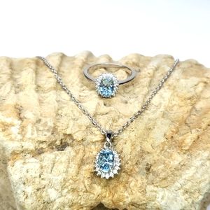Aquamarine Halo Ring & Necklace Set Sterling Silver Platinum NWT 7